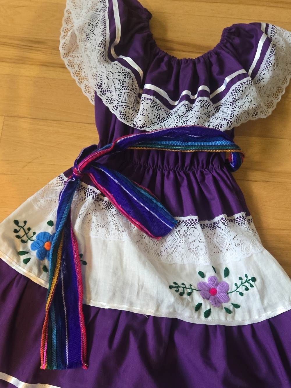 Girls Purple Embroidered Mexican Fiesta Dress with Sash